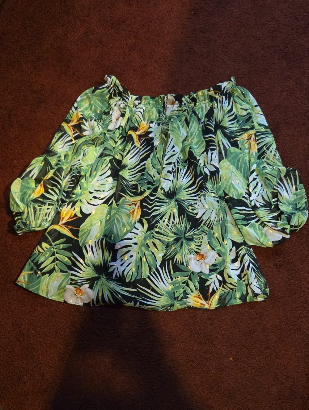 White House Black Market Green Tropical Off-Shoulder Leaf Print Top